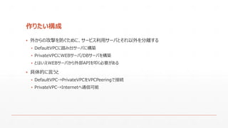 作りたい構成
▪ 外からの攻撃を防ぐために、サービス利用サーバとそれ以外を分離する
▪ DefaultVPCに踏み台サーバに構築
▪ PrivateVPCにWEBサーバ/DBサーバを構築
▪ とはいえWEBサーバから外部APIを叩く必要がある
▪ 具体的に言うと
▪ DefaultVPC→PrivateVPCをVPCPeeringで接続
▪ PrivateVPC→Internetへ通信可能
 