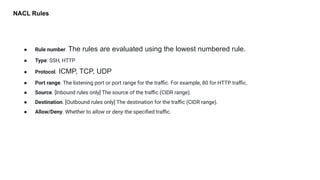 NACL Rules
● Rule number. The rules are evaluated using the lowest numbered rule.
● Type: SSH, HTTP
● Protocol. ICMP, TCP, UDP
● Port range. The listening port or port range for the traﬃc. For example, 80 for HTTP traﬃc.
● Source. [Inbound rules only] The source of the traﬃc (CIDR range).
● Destination. [Outbound rules only] The destination for the traﬃc (CIDR range).
● Allow/Deny. Whether to allow or deny the speciﬁed traﬃc.
 