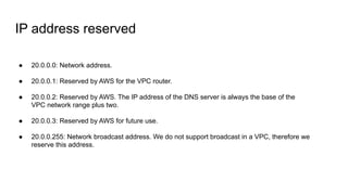 ● 20.0.0.0: Network address.
● 20.0.0.1: Reserved by AWS for the VPC router.
● 20.0.0.2: Reserved by AWS. The IP address of the DNS server is always the base of the
VPC network range plus two.
● 20.0.0.3: Reserved by AWS for future use.
● 20.0.0.255: Network broadcast address. We do not support broadcast in a VPC, therefore we
reserve this address.
IP address reserved
 