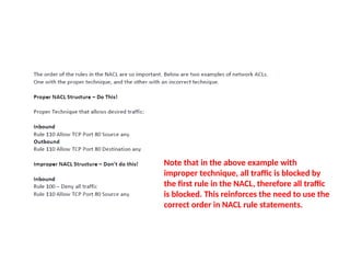 Note that in the above example with
improper technique, all traffic is blocked by
the first rule in the NACL, therefore all traffic
is blocked. This reinforces the need to use the
correct order in NACL rule statements.
 