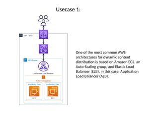 Usecase 1:
One of the most common AWS
architectures for dynamic content
distribution is based on Amazon EC2, an
Auto-Scaling group, and Elastic Load
Balancer (ELB), in this case, Application
Load Balancer (ALB).
 