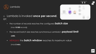 o Lambda is invoked once per second,
or:
• the number of records reaches the configured batch size
(max 10 000 records)
• the record batch size reaches synchronous Lambda’s payload limit
(6MB)
• NEW(ish)! the batch window reaches its maximum value
(max 5 min)
Lambda
 