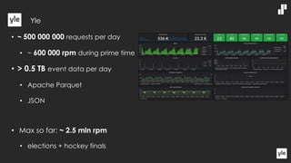 • ~ 500 000 000 requests per day
• ~ 600 000 rpm during prime time
• > 0.5 TB event data per day
• Apache Parquet
• JSON
• Max so far: ~ 2.5 mln rpm
• elections + hockey finals
Yle
 