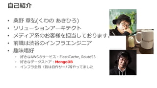 ⾃⼰紹介
• 桑野 章弘(くわの あきひろ)
• ソリューションアーキテクト
• メディア系のお客様を担当しております。
• 前職は渋⾕のインフラエンジニア
• 趣味嗜好
• 好きなAWSのサービス：ElastiCache, Route53
• 好きなデータストア：MongoDB
• インフラ全般（昔は⾃作サーバ等やってました
 