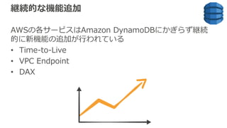 継続的な機能追加
AWSの各サービスはAmazon DynamoDBにかぎらず継続
的に新機能の追加が⾏われている
• Time-to-Live
• VPC Endpoint
• DAX
 