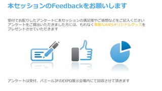 本セッションのFeedbackをお願いします
受付でお配りしたアンケートに本セッションの満⾜度やご感想などをご記⼊ください
アンケートをご提出いただきました⽅には、もれなく素敵なAWSオリジナルグッズを
プレゼントさせていただきます
アンケートは受付、パミール3FのEXPO展⽰会場内にて回収させて頂きます
 