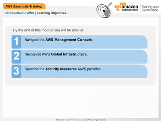 By the end of this module you will be able to: 
© 2013, 2014 Amazon Web Services, Inc. and its affiliates. All rights reserved. 
AWS Essentials Training 
Introduction to AWS | Learning Objectives 
1 Navigate the AWS Management Console. 
2 Recognize AWS Global Infrastructure. 
Describe the security measures AWS provides. 3 
 