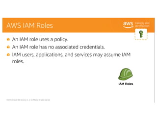 © 2018, Amazon Web Services, Inc. or its Affiliates. All rights reserved.
AWS IAM Roles
An IAM role uses a policy.
An IAM ...