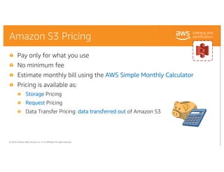 © 2018, Amazon Web Services, Inc. or its Affiliates. All rights reserved.
Pay only for what you use
No minimum fee
Estimat...