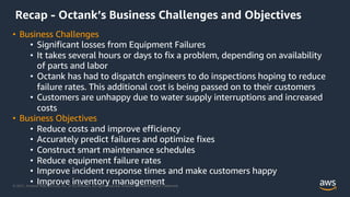 © 2021, Amazon Web Services, Inc. or its Affiliates. All rights reserved. Amazon Confidential and Trademark.
Recap - Octank’s Business Challenges and Objectives
• Business Challenges
• Significant losses from Equipment Failures
• It takes several hours or days to fix a problem, depending on availability
of parts and labor
• Octank has had to dispatch engineers to do inspections hoping to reduce
failure rates. This additional cost is being passed on to their customers
• Customers are unhappy due to water supply interruptions and increased
costs
• Business Objectives
• Reduce costs and improve efficiency
• Accurately predict failures and optimize fixes
• Construct smart maintenance schedules
• Reduce equipment failure rates
• Improve incident response times and make customers happy
• Improve inventory management
 