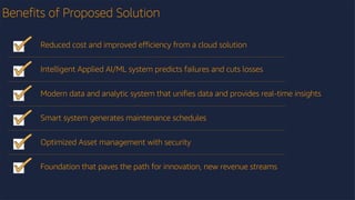 Benefits of Proposed Solution
Reduced cost and improved efficiency from a cloud solution
Intelligent Applied AI/ML system predicts failures and cuts losses
Modern data and analytic system that unifies data and provides real-time insights
Smart system generates maintenance schedules
Optimized Asset management with security
Foundation that paves the path for innovation, new revenue streams
 