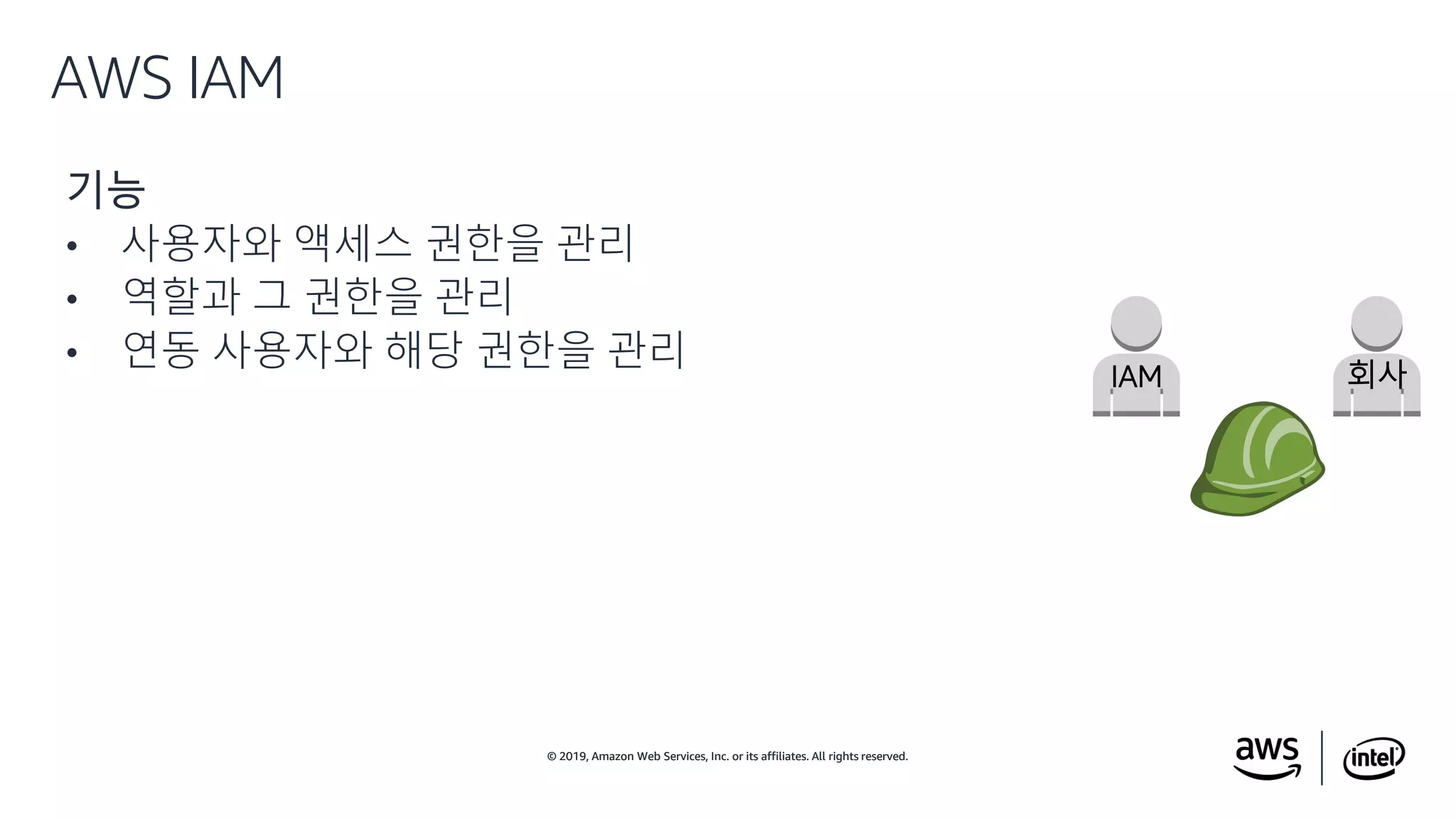 © 2019, Amazon Web Services, Inc. or its affiliates. All rights reserved.© 2019, Amazon Web Services, Inc. or its affiliates. All rights reserved.
기능
• 사용자와 액세스 권한을 관리
• 역할과 그 권한을 관리
• 연동 사용자와 해당 권한을 관리
AWS IAM
IAM 회사
 