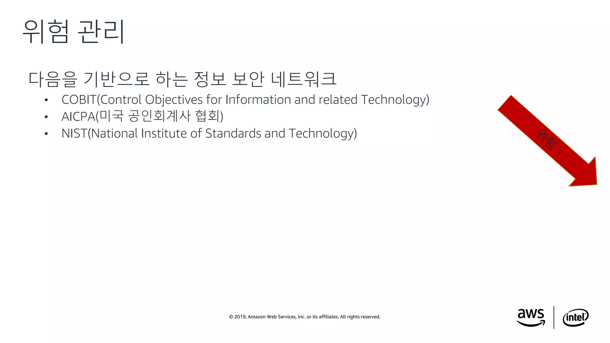 © 2019, Amazon Web Services, Inc. or its affiliates. All rights reserved.© 2019, Amazon Web Services, Inc. or its affiliates. All rights reserved.
다음을 기반으로 하는 정보 보안 네트워크
• COBIT(Control Objectives for Information and related Technology)
• AICPA(미국 공인회계사 협회)
• NIST(National Institute of Standards and Technology)
위험 관리
 