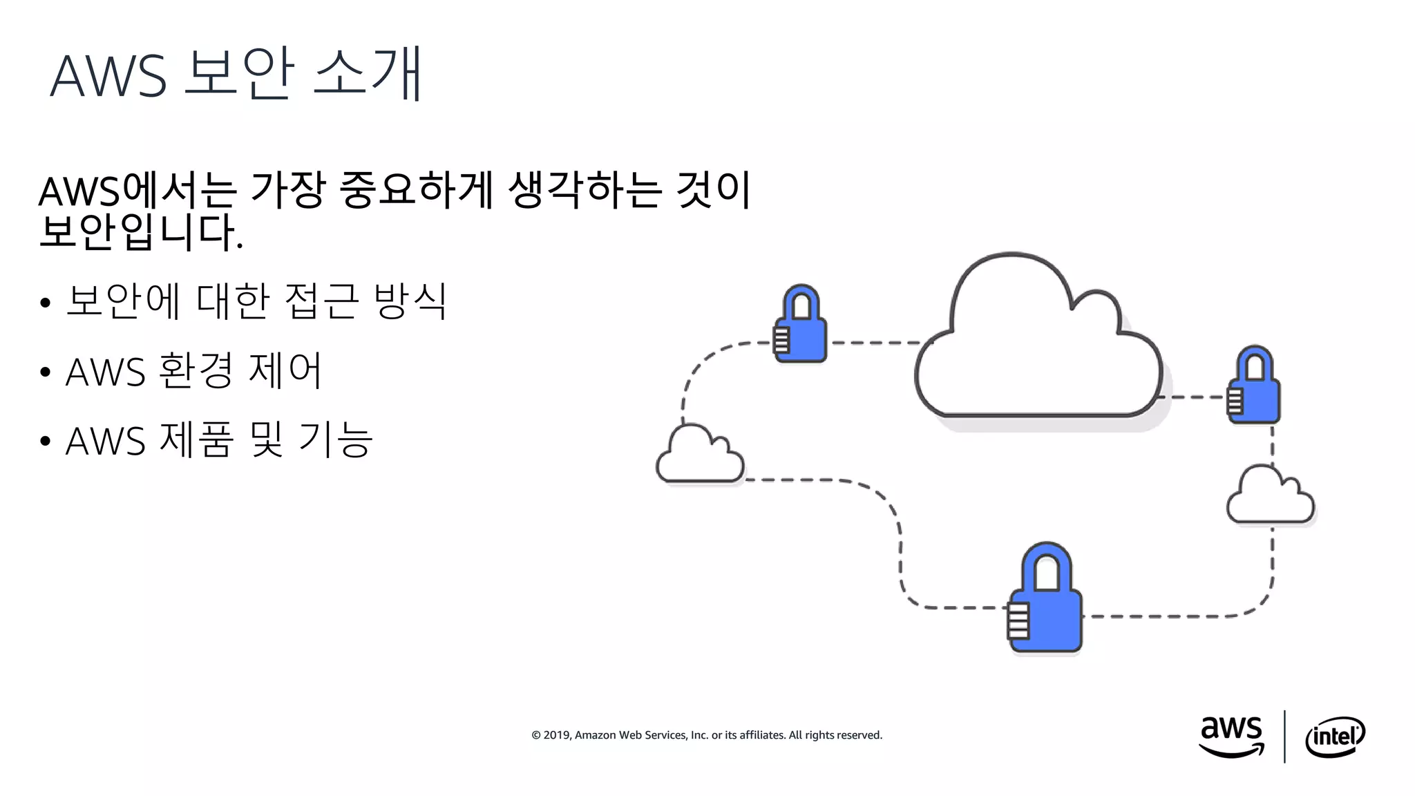 © 2019, Amazon Web Services, Inc. or its affiliates. All rights reserved.© 2019, Amazon Web Services, Inc. or its affiliates. All rights reserved.
AWS 보안 소개
AWS에서는 가장 중요하게 생각하는 것이
보안입니다.
• 보안에 대한 접근 방식
• AWS 환경 제어
• AWS 제품 및 기능
 