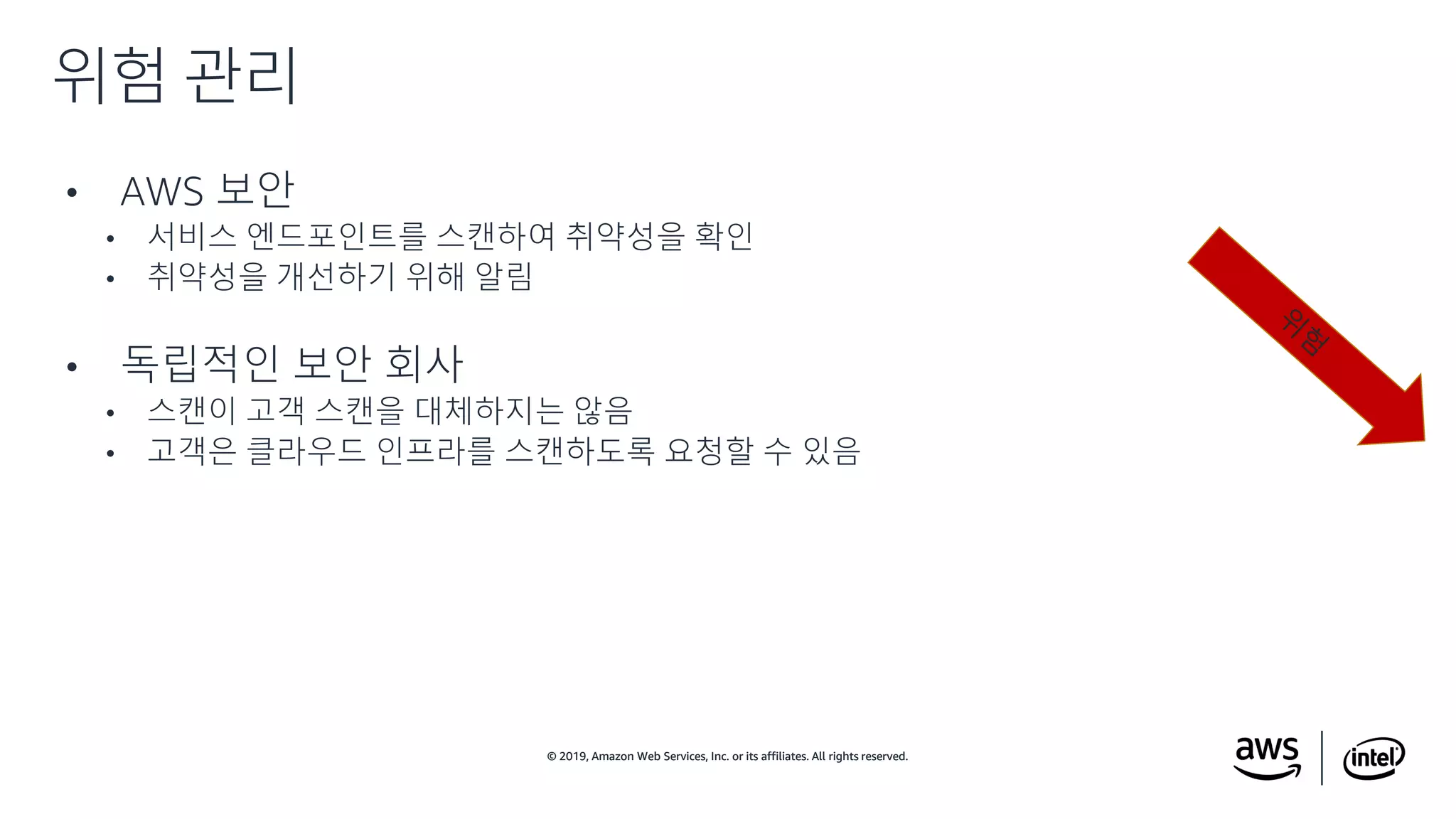 © 2019, Amazon Web Services, Inc. or its affiliates. All rights reserved.© 2019, Amazon Web Services, Inc. or its affiliates. All rights reserved.
• AWS 보안
• 서비스 엔드포인트를 스캔하여 취약성을 확인
• 취약성을 개선하기 위해 알림
• 독립적인 보안 회사
• 스캔이 고객 스캔을 대체하지는 않음
• 고객은 클라우드 인프라를 스캔하도록 요청할 수 있음
위험 관리
 