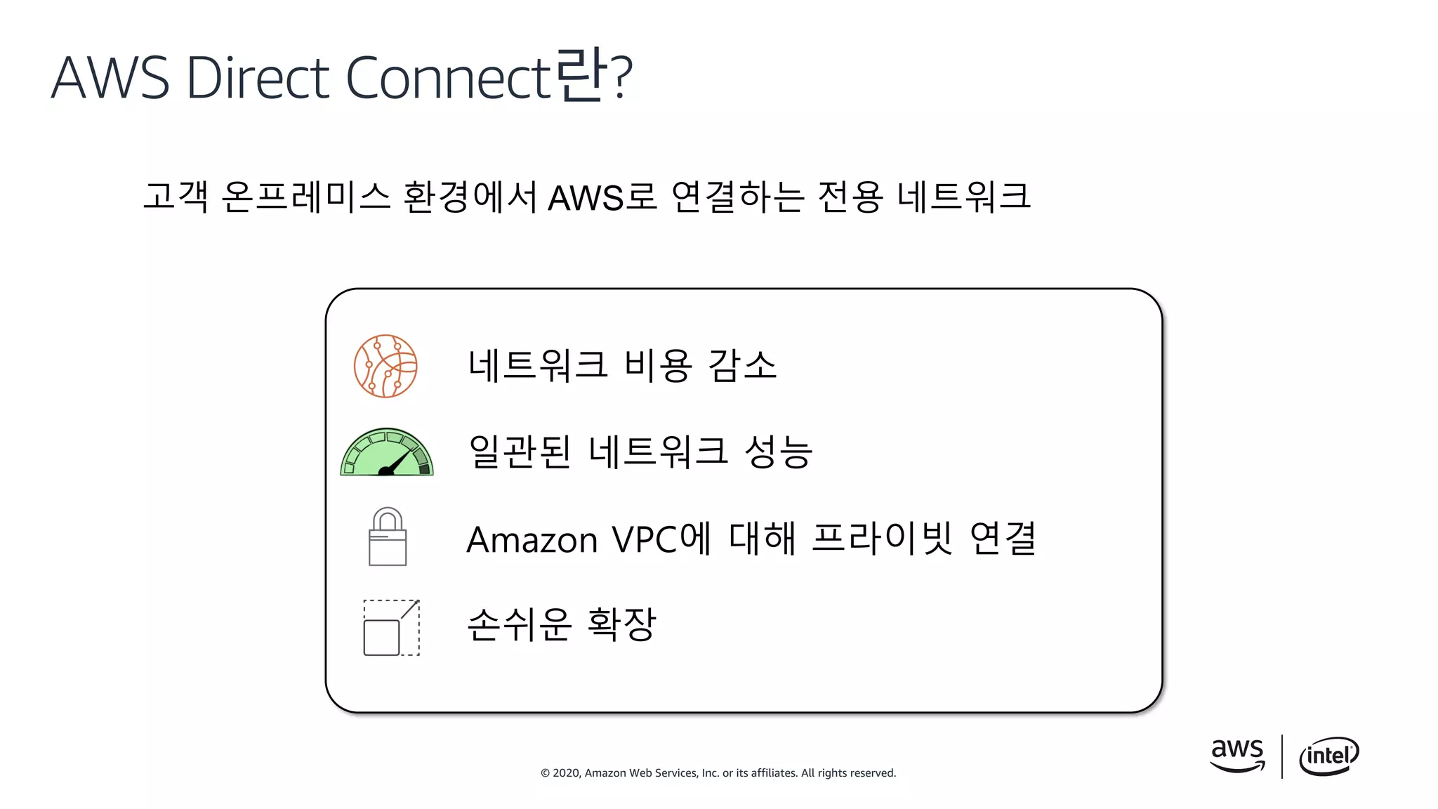 © 2020, Amazon Web Services, Inc. or its affiliates. All rights reserved.
AWS Direct Connect란?
고객 온프레미스 환경에서 AWS로 연결하는 전용 네트워크
네트워크 비용 감소
일관된 네트워크 성능
Amazon VPC에 대해 프라이빗 연결
손쉬운 확장
 