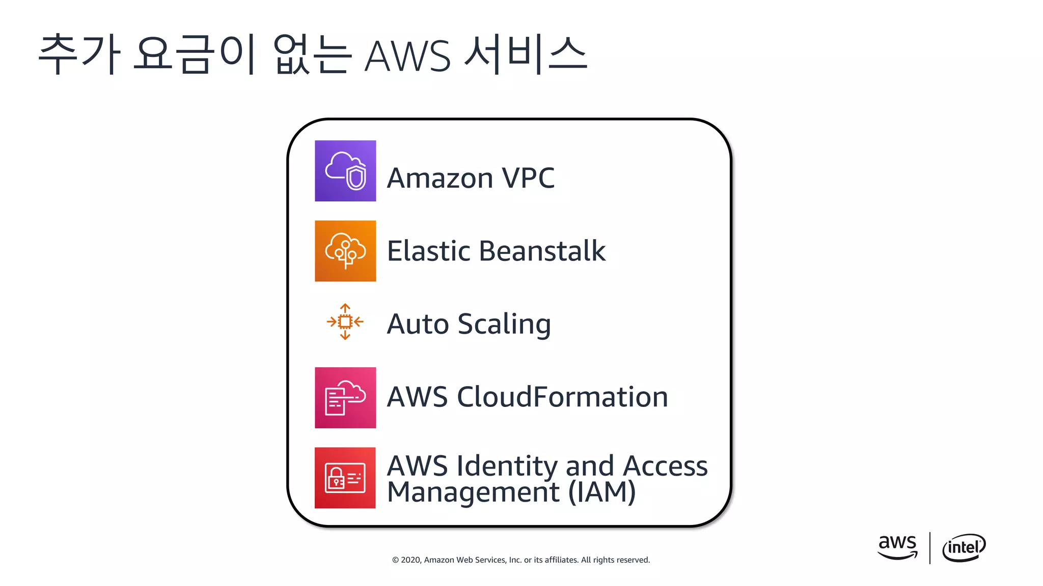 © 2020, Amazon Web Services, Inc. or its affiliates. All rights reserved.
추가 요금이 없는 AWS 서비스
Amazon VPC
Elastic Beanstalk
Auto Scaling
AWS CloudFormation
AWS Identity and Access
Management (IAM)
 