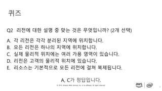 © 2019, Amazon Web Services, Inc. or its affiliates. All rights reserved.
퀴즈
Q2 리전에 대한 설명 중 맞는 것은 무엇입니까? (2개 선택)
A. 각 리전은 각각 분리된 지역에 위치합니다.
B. 모든 리전은 하나의 지역에 위치합니다.
C. 실제 물리적 위치에는 여러 가용 영역이 있습니다.
D. 리전은 고객의 물리적 위치에 있습니다.
E. 리소스는 기본적으로 모든 리전에 걸쳐 복제됩니다.
32
A, C가 정답입니다.
 