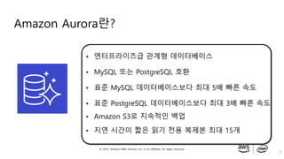 © 2019, Amazon Web Services, Inc. or its affiliates. All rights reserved.
Amazon Aurora란?
26
• 엔터프라이즈급 관계형 데이터베이스
• MySQL 또는 PostgreSQL 호환
• 표준 MySQL 데이터베이스보다 최대 5배 빠른 속도
• 표준 PostgreSQL 데이터베이스보다 최대 3배 빠른 속도
• Amazon S3로 지속적인 백업
• 지연 시간이 짧은 읽기 전용 복제본 최대 15개
 