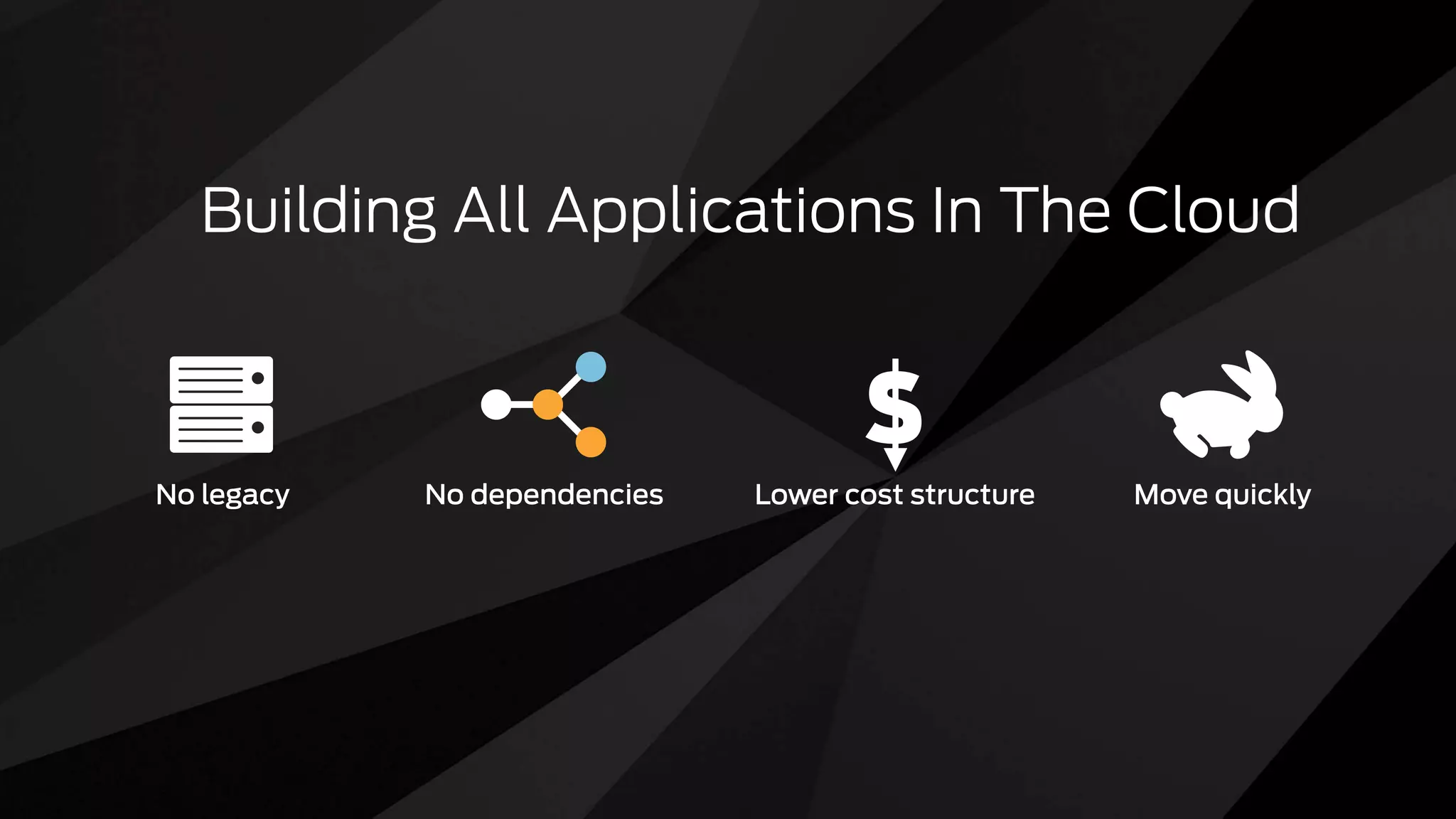 No legacy Lower cost structureNo dependencies
S
Move quickly
Building All Applications In The Cloud
 