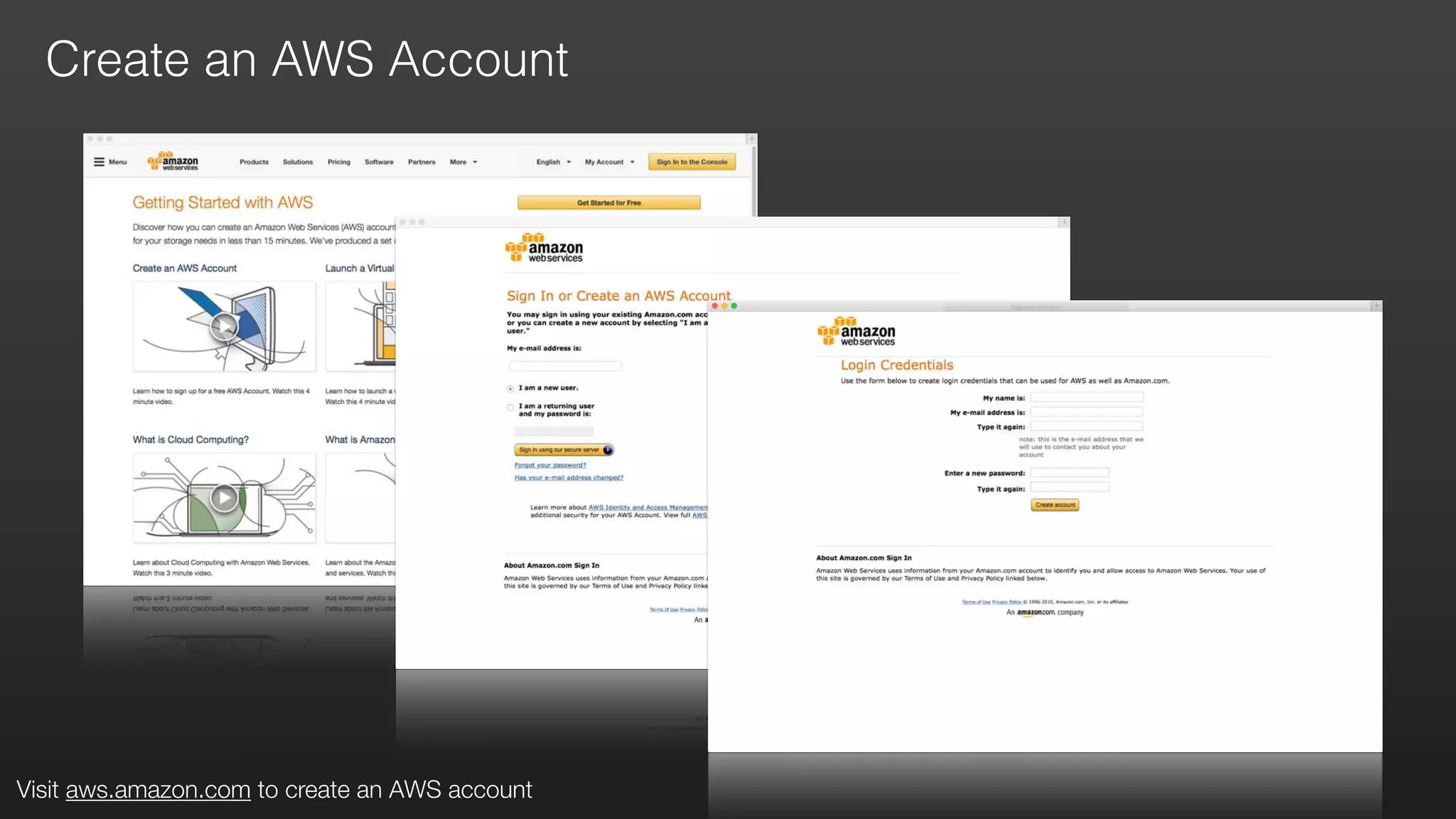 Create an AWS Account
Visit aws.amazon.com to create an AWS account
 