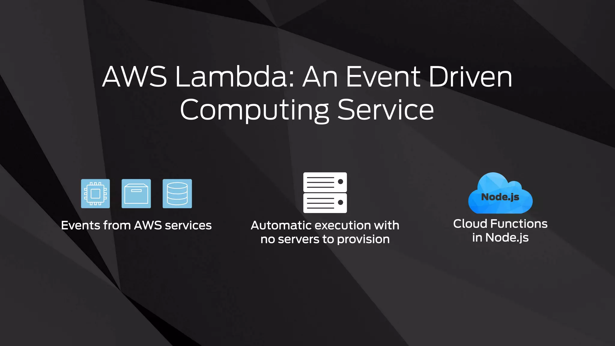 AWS Lambda: An Event Driven
Computing Service
Events from AWS services Cloud Functions
in Node.js
Automatic execution with
no servers to provision
 