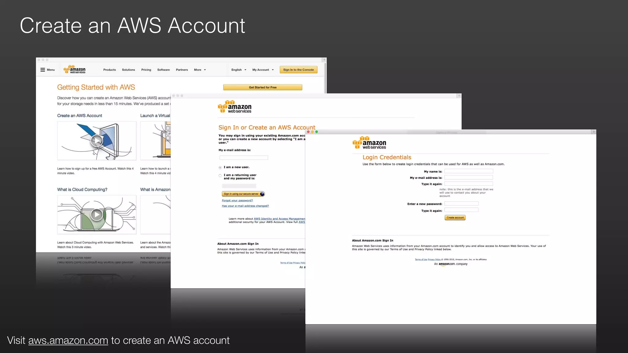 Create an AWS Account
Visit aws.amazon.com to create an AWS account
 