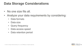 109
Data Storage Considerations
• No one size fits all.
• Analyze your data requirements by considering:
• Data formats
• ...