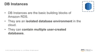 113
DB Instances
• DB Instances are the basic building blocks of
Amazon RDS.
• They are an isolated database environment i...