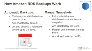 114
How Amazon RDS Backups Work
Automatic Backups:
• Restore your database to a
point in time.
• Are enabled by default.
•...