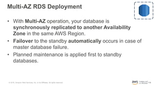 118
Multi-AZ RDS Deployment
• With Multi-AZ operation, your database is
synchronously replicated to another Availability
Z...