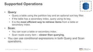 125
Supported Operations
• Query:
• Query a table using the partition key and an optional sort key filter.
• If the table ...