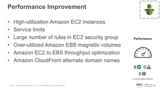 152
Performance Improvement
• High-utilization Amazon EC2 instances
• Service limits
• Large number of rules in EC2 securi...