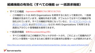 組織機能の有効化（すべての機能 or ⼀括請求機能）
すべての機能
この機能セットは AWS Organizations を使⽤するにあたって推奨され、⼀括請
求機能が含まれています。組織を作成する際、デフォルトではすべての機能が有
効化されています。すべての機能が有効になっていると、サービスコントロール
ポリシー (SCP) およびタグポリシーなどの AWS Organizations で利⽤できる
⾼度なアカウント管理機能を使⽤できます。
⼀括請求機能
すべての組織ではこの機能サブセットがサポートされ、これによって組織内のア
カウント管理を⼀元化するために使⽤できる基本的な管理ツールが提供されます。
11
https://docs.aws.amazon.com/ja_jp/organizations/latest/userguide/orgs_manage_org_support-all-features.html
従来のConsolidated Billingと同じ
Organizationsの機能をフルに使うにはこちら
 