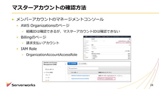 マスターアカウントの確認⽅法
メンバーアカウントのマネージメントコンソール
AWS Organizationsのページ
組織IDは確認できるが、マスターアカウントIDは確認できない
Billingのページ
請求⽀払いアカウント
IAM Role
OrganizationAccountAccessRole
24
 