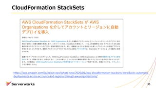 CloudFormation StackSets
35
https://aws.amazon.com/jp/about-aws/whats-new/2020/02/aws-cloudformation-stacksets-introduces-automatic-
deployments-across-accounts-and-regions-through-aws-organizations/
 