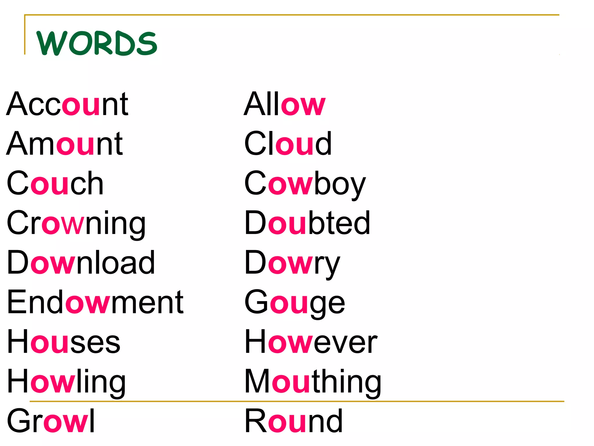 WORDS
Account Allow
Amount Cloud
Couch Cowboy
Crowning Doubted
Download Dowry
Endowment Gouge
Houses However
Howling Mouthing
Growl Round
 