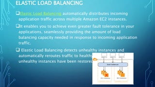 ELASTIC LOAD BALANCING
Elastic Load Balancing automatically distributes incoming
application traffic across multiple Amazon EC2 instances.
It enables you to achieve even greater fault tolerance in your
applications, seamlessly providing the amount of load
balancing capacity needed in response to incoming application
traffic.
 Elastic Load Balancing detects unhealthy instances and
automatically reroutes traffic to healthy instances until the
unhealthy instances have been restored.
 