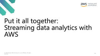 Put it all together:
Streaming data analytics with
AWS
130
© 2020 Amazon Web Services, Inc. or its affiliates. All rights
reserved.
 