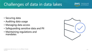 Challenges of data in data lakes
• Securing data
• Auditing data usage
• Managing data access
• Safeguarding sensitive data and PII
• Maintaining regulations and
mandates
137
© 2020 Amazon Web Services, Inc. or its affiliates. All rights
reserved.
 