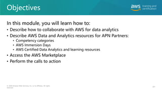 Objectives
In this module, you will learn how to:
• Describe how to collaborate with AWS for data analytics
• Describe AWS Data and Analytics resources for APN Partners:
• Competency categories
• AWS Immersion Days
• AWS Certified Data Analytics and learning resources
• Access the AWS Marketplace
• Perform the calls to action
© 2020 Amazon Web Services, Inc. or its affiliates. All rights
reserved.
201
 