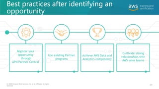 Best practices after identifying an
opportunity
Use existing Partner
programs
Cultivate strong
relationships with
AWS sales teams
Register your
opportunity
through
APN Partner Central
Achieve AWS Data and
Analytics competency
© 2020 Amazon Web Services, Inc. or its affiliates. All rights
reserved.
205
 