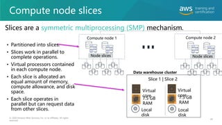 Compute node slices
49
© 2020 Amazon Web Services, Inc. or its affiliates. All rights
reserved.
Slices are a symmetric multiprocessing (SMP) mechanism.
Slice 1 | Slice 2
Local
disk
Local
disk
Virtual
core
Virtual
core
7.5 GB
RAM
7.5 GB
RAM
• Partitioned into slices.
• Slices work in parallel to
complete operations.
• Virtual processors contained
in each compute node.
• Each slice is allocated an
equal amount of memory,
compute allowance, and disk
space.
• Each slice operates in
parallel but can request data
from other slices.
Compute node 1 Compute node 2
Data warehouse cluster
Node slices Node slices
 