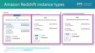 Amazon Redshift instance types
51
© 2020 Amazon Web Services, Inc. or its affiliates. All rights
reserved.
https://docs.aws.amazon.com/redshift/latest/gsg/getting-
started.html
 