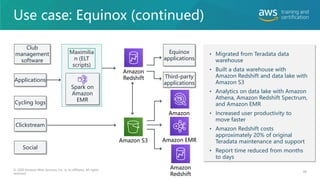 Use case: Equinox (continued)
68
© 2020 Amazon Web Services, Inc. or its affiliates. All rights
reserved.
Clickstream
Cycling logs
Club
management
software
Applications
Social
Equinox
applications
Third-party
applications
Maximilia
n (ELT
scripts)
Spark on
Amazon
EMR
• Migrated from Teradata data
warehouse
• Built a data warehouse with
Amazon Redshift and data lake with
Amazon S3
• Analytics on data lake with Amazon
Athena, Amazon Redshift Spectrum,
and Amazon EMR
• Increased user productivity to
move faster
• Amazon Redshift costs
approximately 20% of original
Teradata maintenance and support
• Report time reduced from months
to days
Amazon
Redshift
Amazon
Athena
Amazon EMR
Amazon
Redshift
Amazon S3
 