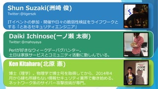 Shun Suzaki(洲崎 俊)
Twitter:@tigerszk
ITイベントの参加・開催や日々の脆弱性検証をライフワークと
する「とあるセキュリティエンジニア」
Daiki Ichinose(一ノ瀬 太樹)
Twitter:@mahoyaya
Perlが好きなウィークデーバグハンター。
土日は家族サービスとコミュニティ活動に勤しんでいる。
Ken Kitahara(北原 憲)
博士（理学）。物理学で博士号を取得してから、2014年4
月から縁も所縁もない情報セキュリティ業界で働き始める。
ネットワーク系のサイバー攻撃技術が専門。
 