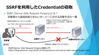 SSRFを利用したCredentialの窃取
 SSRF (Server Side Request Forgery)とは？
【参考】
• SSRF(Server Side Request Forgery)徹底入門
https://blog.tokumaru.org/2018/12/introduction-to-ssrf-server-side-request-forgery.html
攻撃者から直接到達できないサーバーに対する攻撃手法の一種
内部NWのサーバー公開サーバー
攻撃者
脆弱性を悪用するリクエストを送信
本来はアクセスできない内部NWサーバ
に任意のリクエストを送信し、結果を受
け取れてしまう
内部NWに直接アクセスできない
xxx/?URL= http://192.168.1.1
xxx/?URL=http://www.example.com
http://192.168.1.1
 