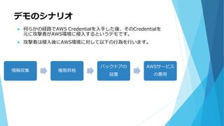 情報収集 権限昇格
バックドアの
設置
AWSサービス
の悪用
デモのシナリオ
 何らかの経路でAWS Credentialを入手した後、そのCredentialを
元に攻撃者がAWS環境に侵入するというデモです。
 攻撃者は侵入後にAWS環境に対して以下の行為を行います。
 
