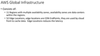AWS Global Infrastructure
• Consists of:
• 11 Regions with multiple availability zones, availability zones are data centers
within the regions.
• 52 Edge Locations, edge locations are CDN EndPoints, they are used by cloud
front to cache data. Edge Locations reduces the latency
 