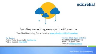 www.edureka.co/cloudcomputing
Boarding an exciting career path with amazon
For Queries:
Post on Twitter @edurekaIN: #askEdureka
Post on Facebook /edurekaIN
For more details please contact us:
US : 1800 275 9730 (toll free)
INDIA : +91 88808 62004
Email Us : sales@edureka.co
View Cloud Computing Course details at www.edureka.co/cloudcomputing
 